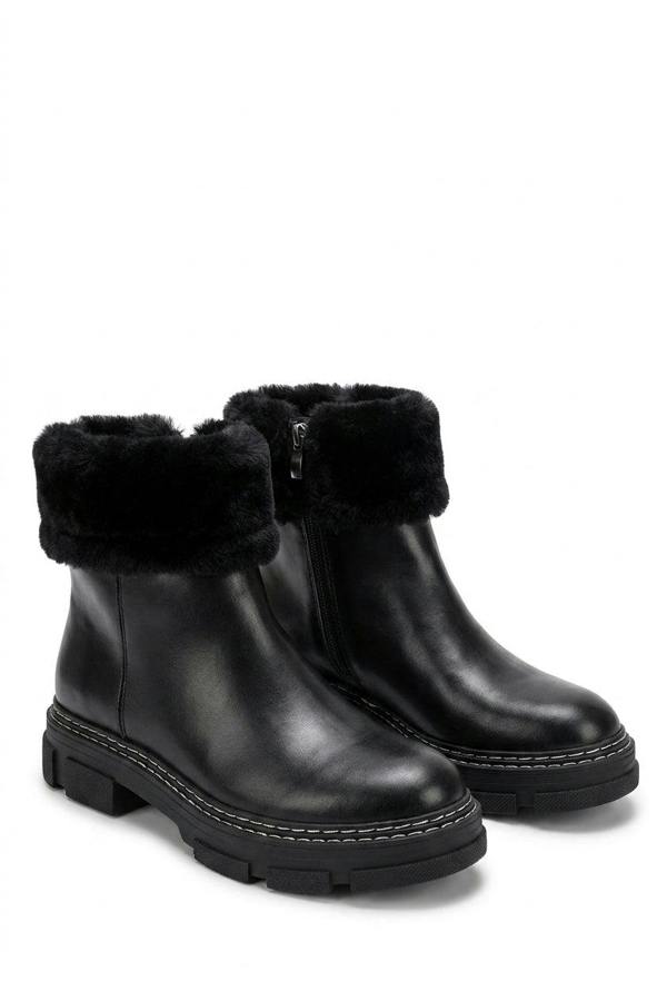 Cassie Faux Leather Fluffy Bow Ankle Boots - Black_wb