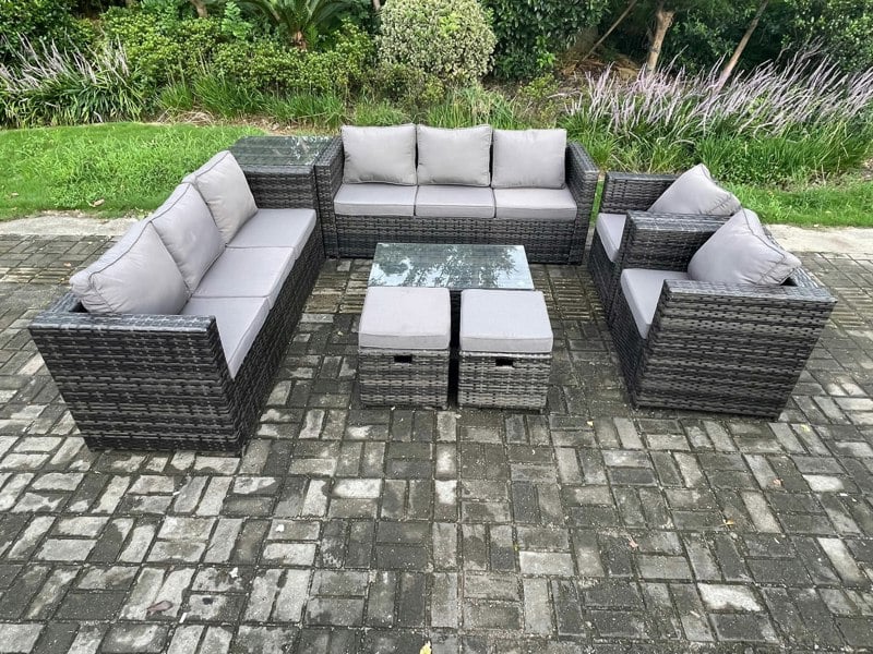 Fimous Outdoor Lounge Sofa Set - Dark Grey Mixed PE Rattan Garden Furniture with 2 Armchairs & Oblong Coffee Table