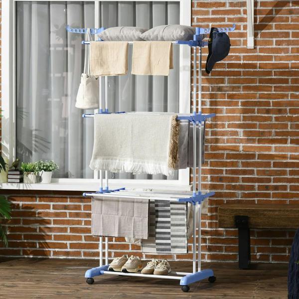 Foldable 4-tier clothes drying rack with blue side supports and hanging hooks.