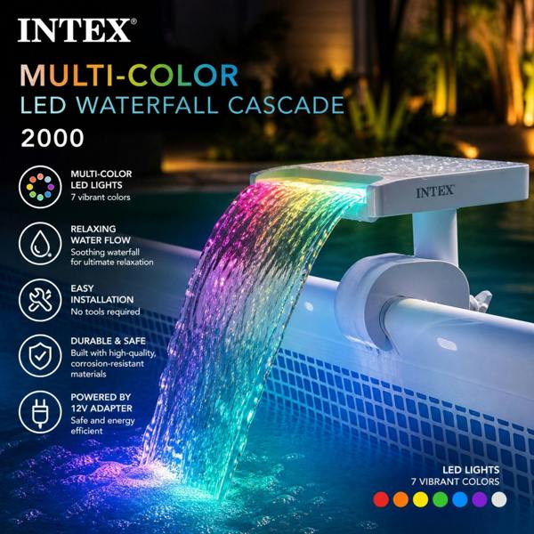 Intex Multi-Color LED Waterfall Cascade for Above Ground Pools – Illuminated Pool Fountain with 7 Color Changing Lights