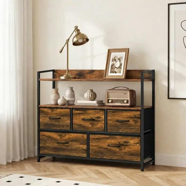 Chest of Drawers, Bedroom Fabric Dresser with 5 Drawers, Storage Organiser Unit with Open Shelves, Rustic Brown - Rustic Brown