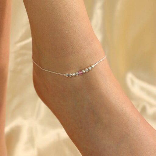 The Colourful Aura 925 Silver Pink Silver Round Ball Thin Payal Anklet
