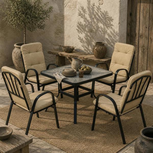 Wyld Haus Sukeco Luve 4 Seater Cream Outdoor Square Garden Dining Set with Tempered Glass with Umbrella Hole