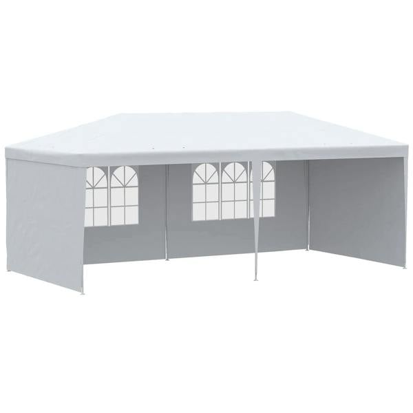 White party tent gazebo with window panels and side curtains, open front view