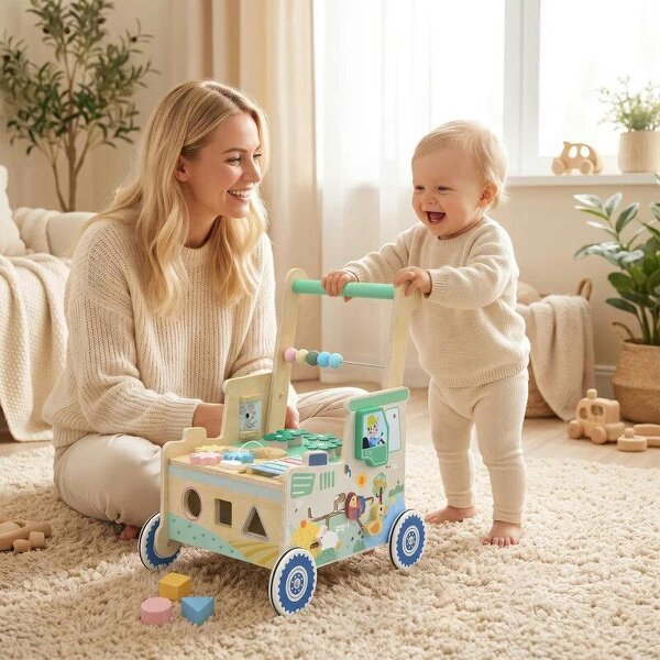 Wooden Baby Walker for 1-3 Year, Montessori Inspired Push Along Walker Toys, Multifunctional Activity Centre