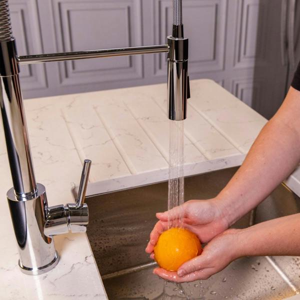Flode Fjädra | Pull Out Kitchen Sink Mixer Tap | Spring Style Mixer Tap | Chrome | Square Head