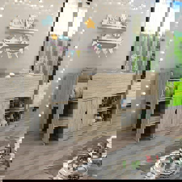 Kudlhome Single Storage Mid Sleeper with Cupboard & Shelves