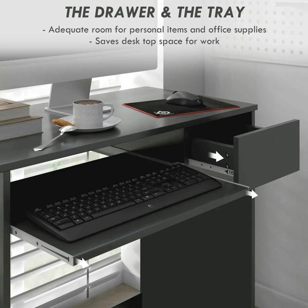 Grey computer desk with pull-out keyboard tray and side drawer under the tabletop