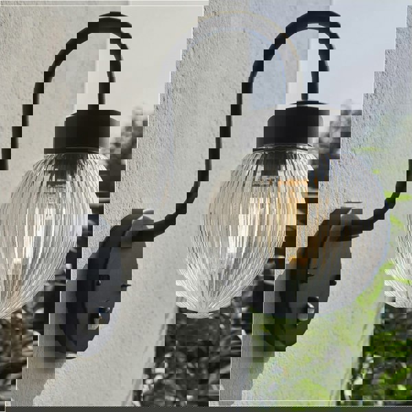 2 PACK Outdoor Textured Black Wall Light - Clear Ribbed Glass Shade - Non-Dimmable 10W LED E27