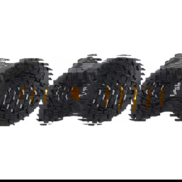 Caterpillar Striver XL 8" Mens Side Zip Waterproof S7 Safety Ankle Boots, Black footwear sole with rugged tread pattern and yellow accents, designed for durability and slip resistance.