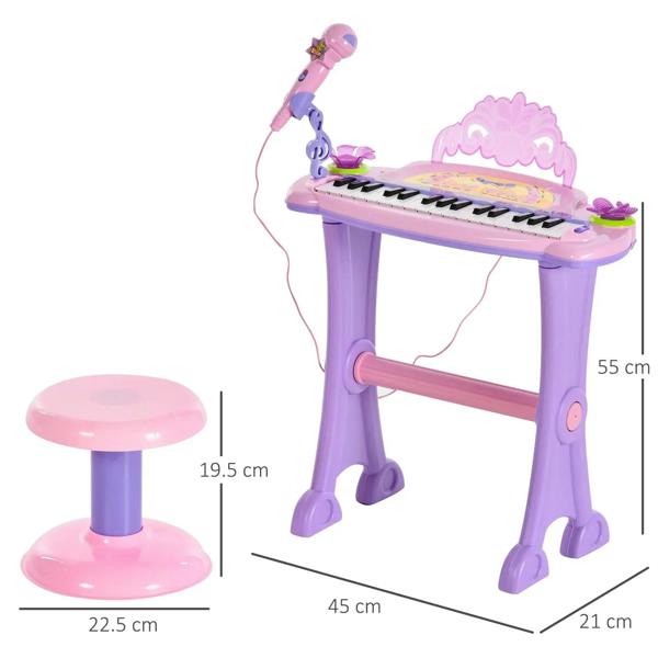 Pink mini electronic keyboard with adjustable microphone and matching stool, size shown
