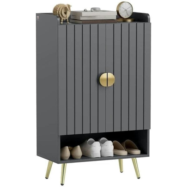 Bobobiy Modern Shoe Cabinet with 2 Doors, Open Shelf and Adjustable Shelves, 15 Pair Hallway Shoe Cupboard, Entryway Storage Unit, Grey