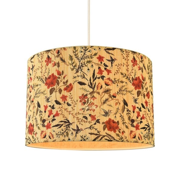 Bird Theme Bamboo Pendant Lamp Shade with Green Leaves and Red Flowers Image 1