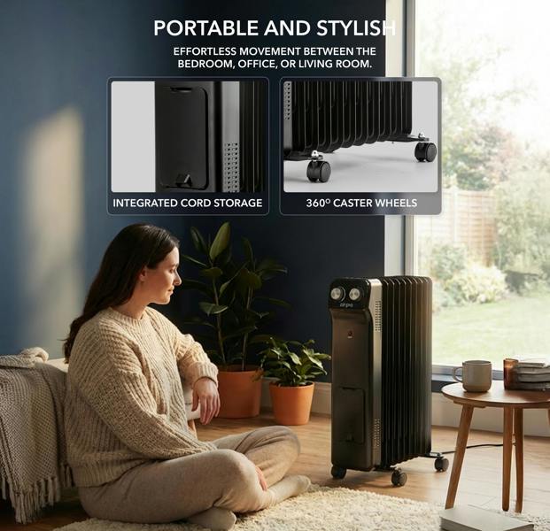 AIR PRO Oil-Filled Electric Radiator 2500W, Adjustable Thermostat, 3 Settings