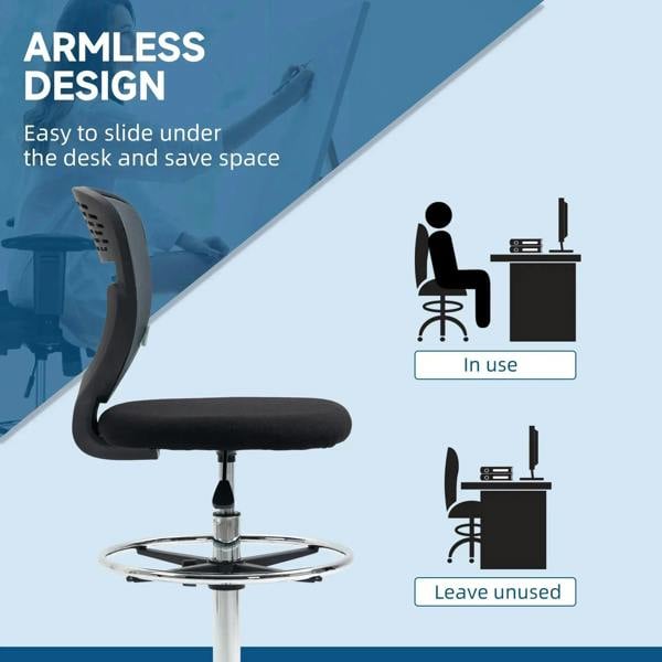 Grey armless swivel drafting chair with curved backrest and chrome foot ring