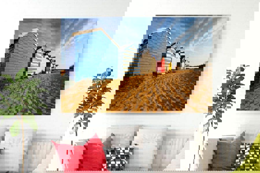 art print of Southwold beach huts on a sunny day