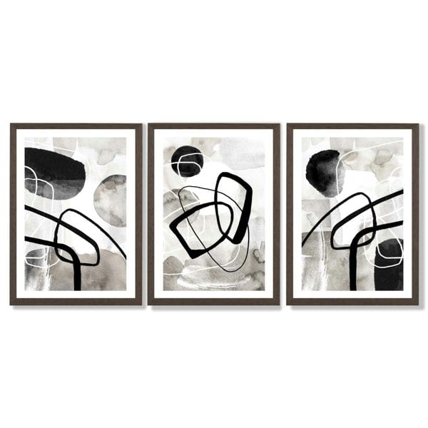 Artze Wall Art Set of 3 Abstract Black Grey Watercolour Framed Wall Art