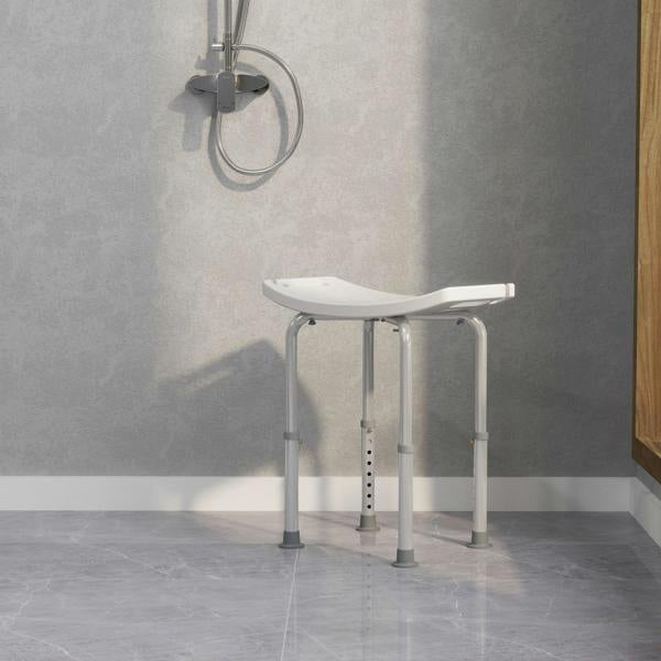 Height-adjustable bath stool with white seat and four aluminum legs for bathing access