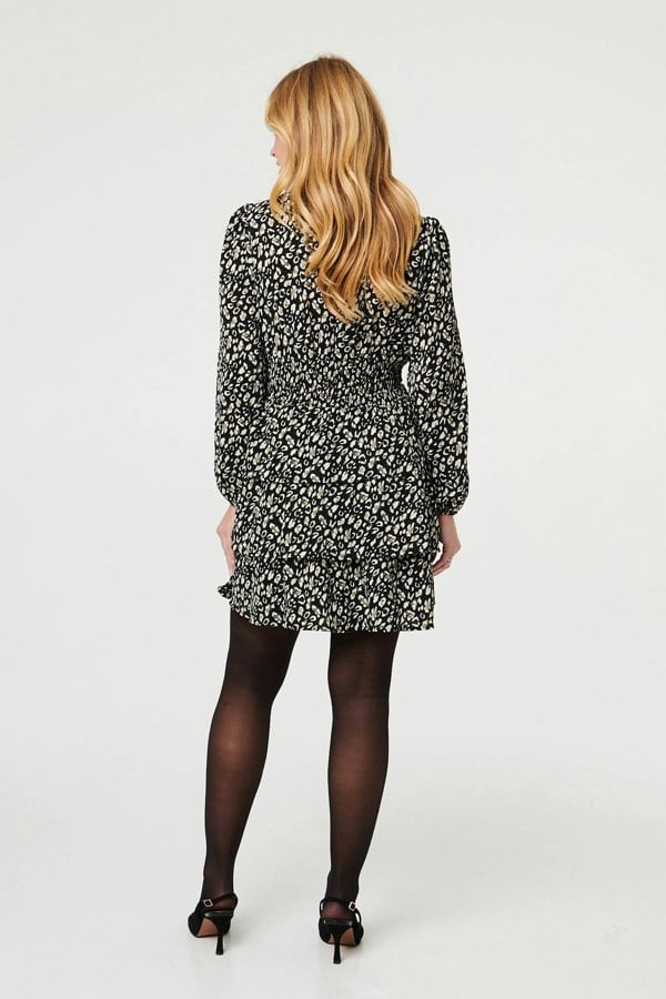 Black | Animal Print High Neck Short Dress
