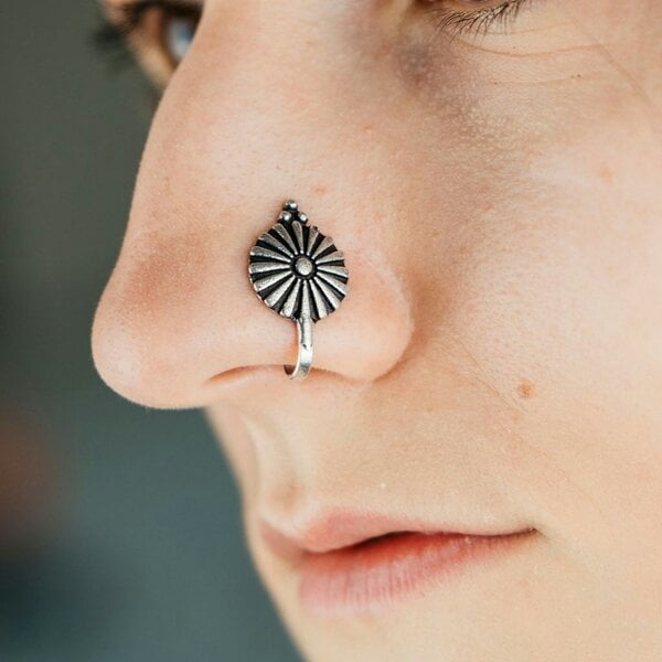 The Colourful Aura Round Simple Clip on Oxidised German Silver Non Pierced Nose Pin