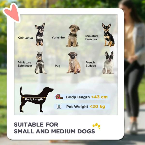 Pet stroller size guide card for small and medium dogs, with dog silhouettes and icons