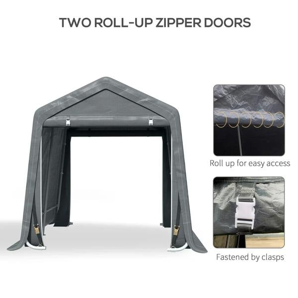 Temporary outdoor shed with two roll-up zipper doors and fastening clasps