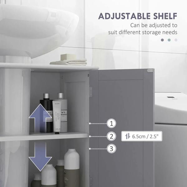 Adjustable under-sink cabinet shelf behind grey doors, with white frame and silver handles