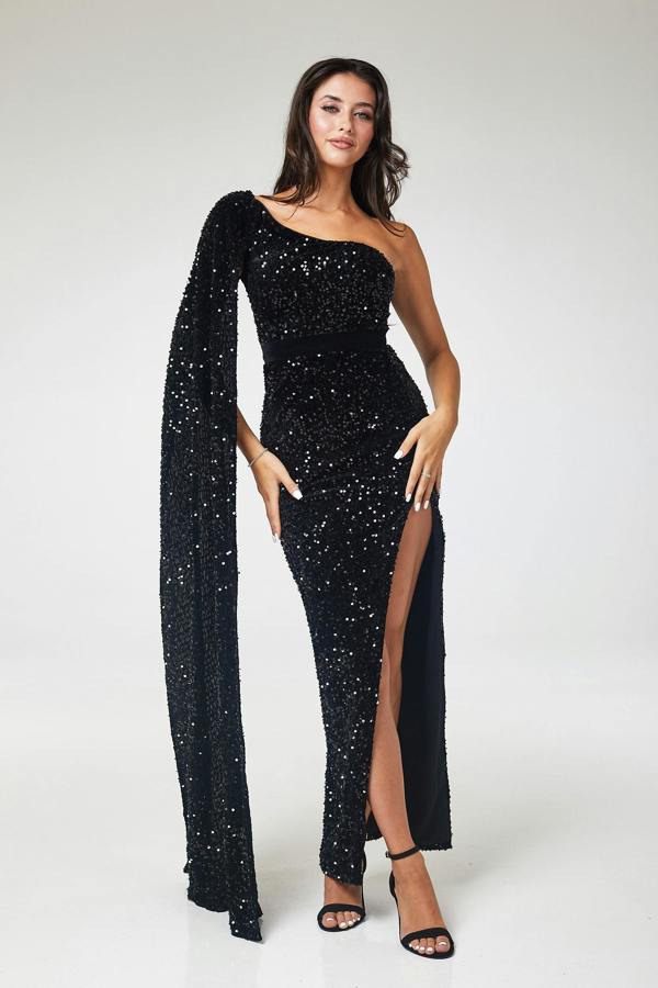 LuvForever Black One Shoulder Drape Sleeve Sequin Maxi Dress