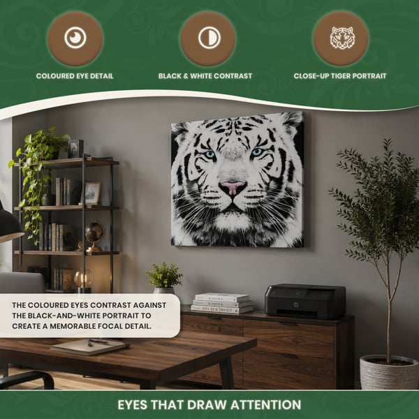 Large Siberian Tiger Canvas Print, Black and White Face Portrait With Coloured Eyes, 60 x 60 cm, Stretched Canvas