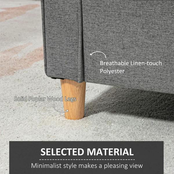 Grey loveseat sofa with wooden legs and textured, breathable fabric upholstery