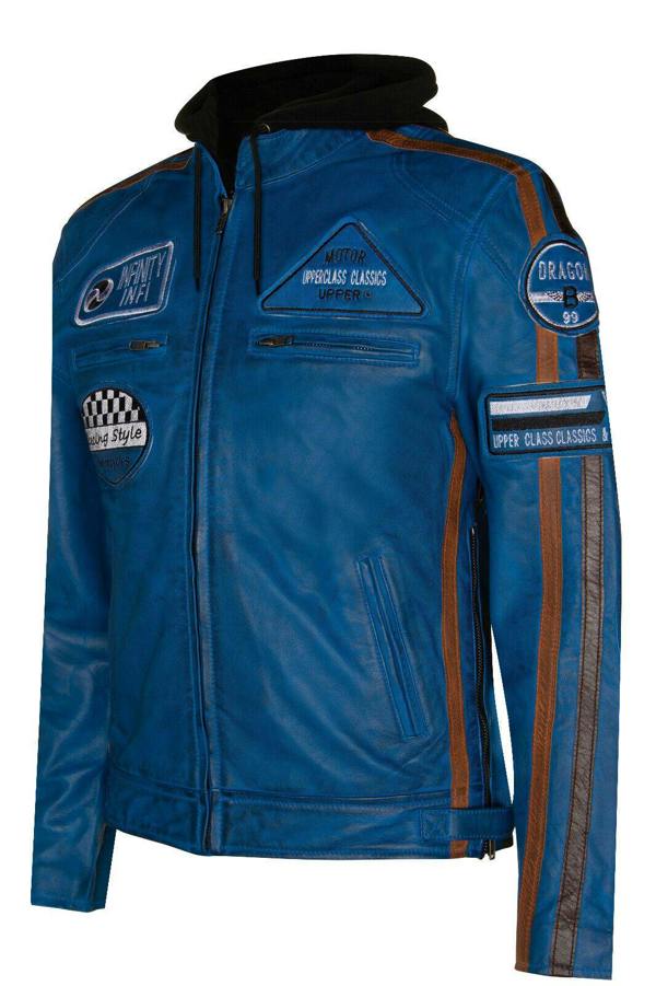 Infinity Leather Mens Racing Hooded Leather Biker Jacket-Detroit