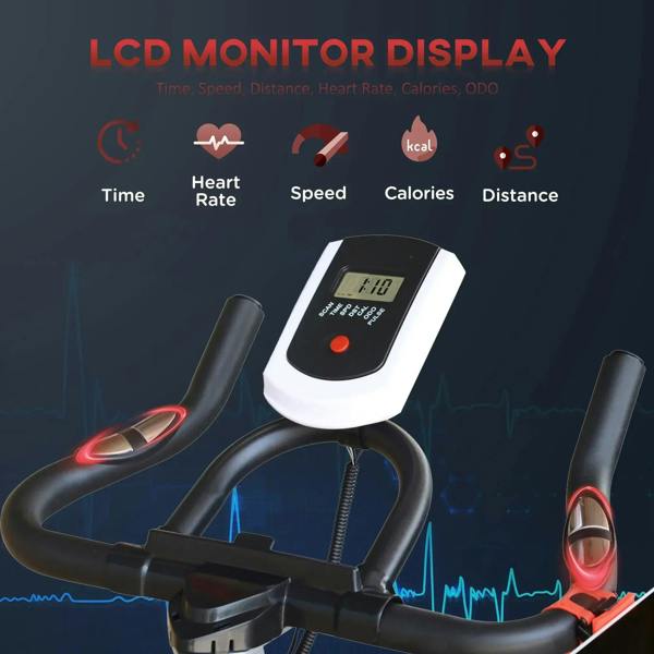 LCD display console on black exercise bike with red emergency button