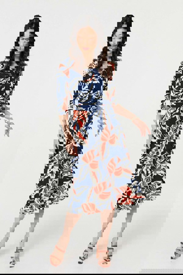 Navy | Floral Ruched 3/4 Sleeve Midi Dress
