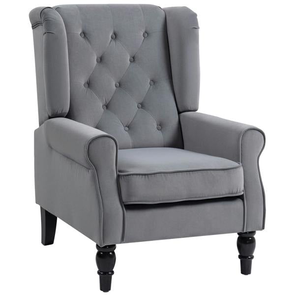 Light grey upholstered wingback accent chair with button-tufted back, rolled arms, dark turned legs