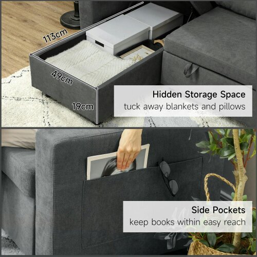 Wyld Haus Sesune Yoli Charcoal Grey Upholstered Pull Out Sofa Bed With Storage and Side Pockets