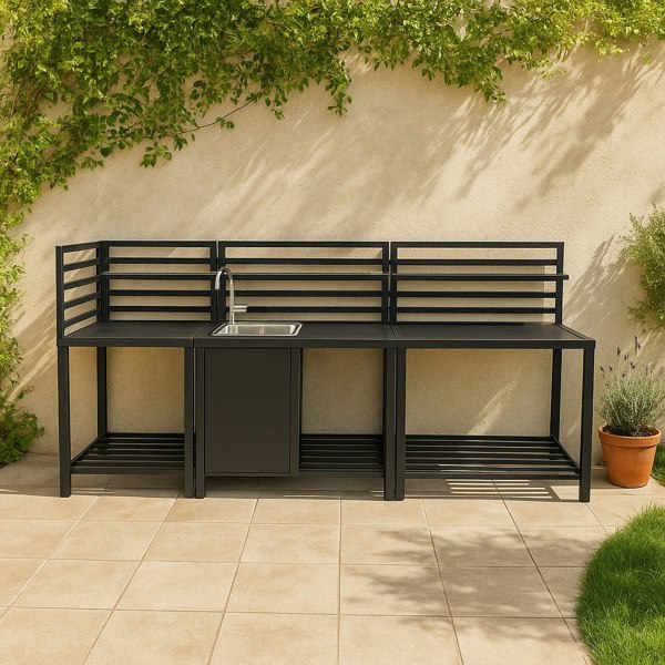 Sleek black aluminum outdoor kitchen set with a sink, featuring open slat design and spacious countertops, perfect for entertaining