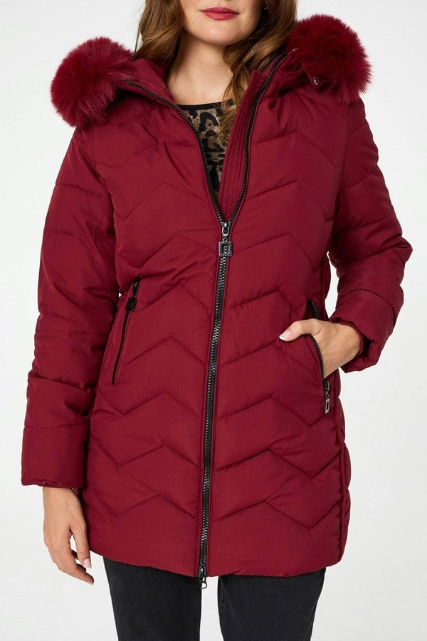 Red | Faux Fur Hood Thigh Length Puffer Jacket
