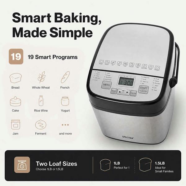 Spector Bread Maker 19 In 1 Compact Machine 15H Timer 1.5Lb for Home Baking