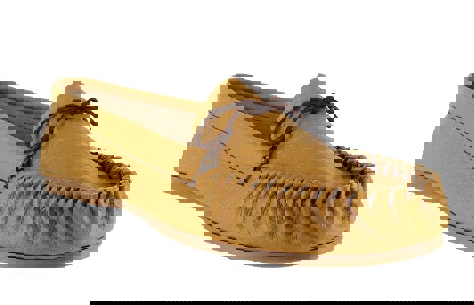 Northamptonshire Slipper Co. Mens British Hand Made Casual Leather Moccs Moccasins Slippers, a tan leather casual slip-on moccasin with a soft sole and stitched detailing.