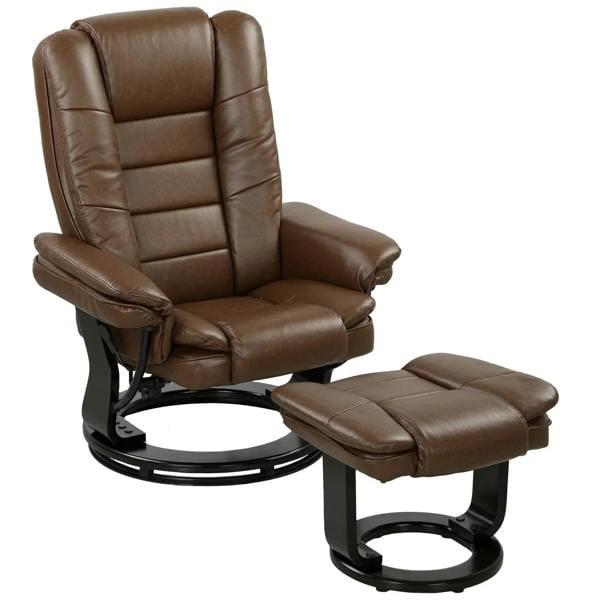 Brown faux leather reclining chair with matching padded footstool, rounded arms.