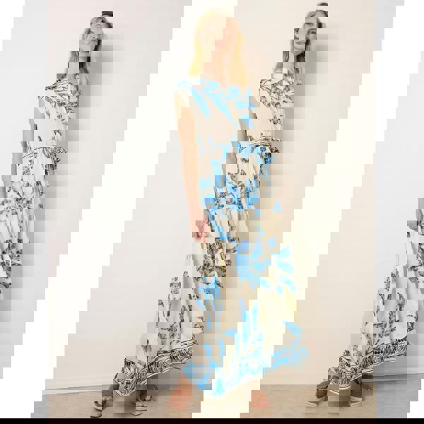 Blue Vanilla Leaf Print Collarless Shirt Dress With Belted Waist