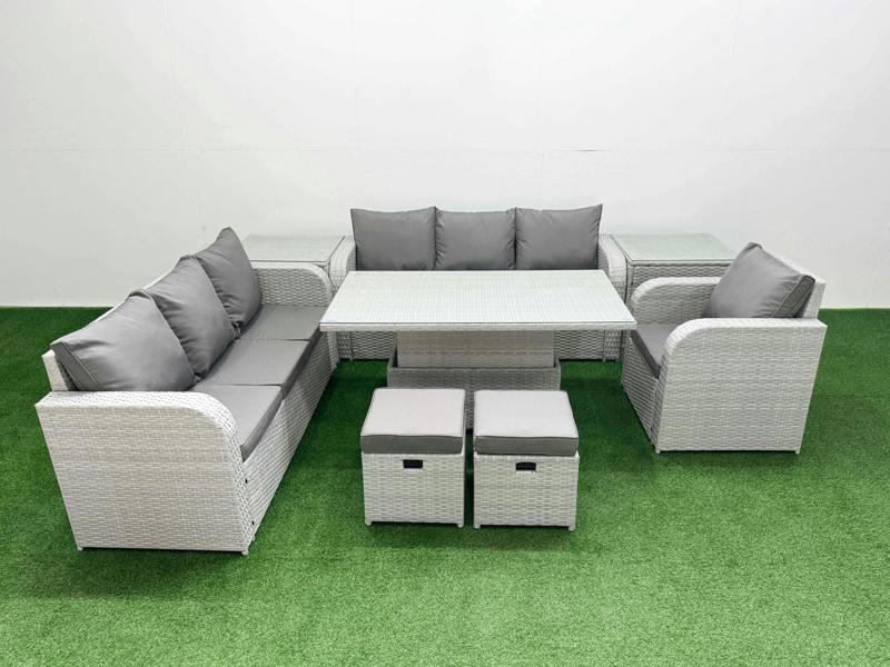 Fimous 9 Seater Poly Rattan Garden Furniture Patio Set, Adj Height Table, 3 Seater Sofas, Reclining Chair, Stools, 2 Side Table, Light Grey
