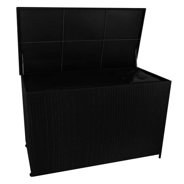 Stylish black rattan cushion storage box with a textured weave, featuring a spacious interior and a hinged lid for easy access