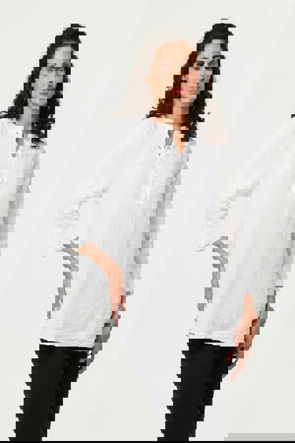 White | Relaxed 3/4 Sleeve Button Neck Blouse
