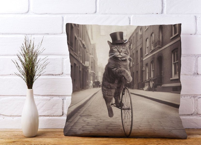 Warren Reed Victorian Cat Riding A Bike Cushions