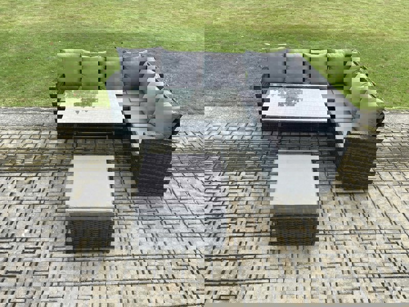 Fimous High Back Outdoor Garden Furniture Set Rattan Corner Sofa Dining Table Set With Big Footstool 7 Seater Dark Grey Mixed