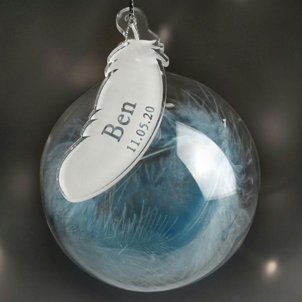 Personalised Memento Company Personalised Name & Date Blue Feather Glass Bauble