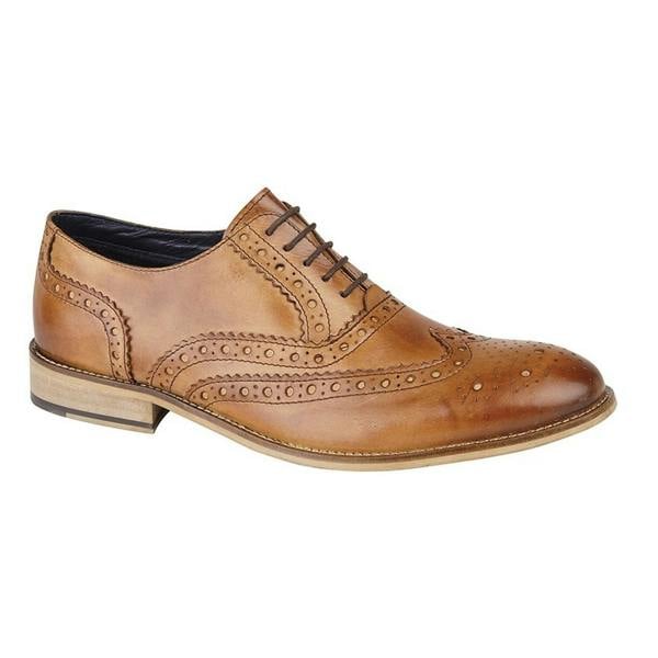 Roamers Mens Leather Brogue Oxford Shoes - Tan - 