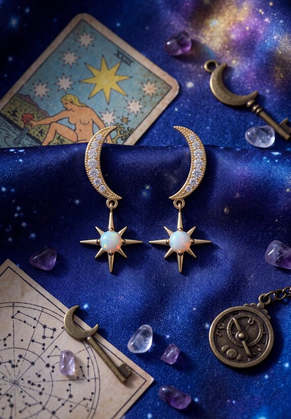 Latelita Crescent Moon And Starburst White Opal Drop Earrings Gold