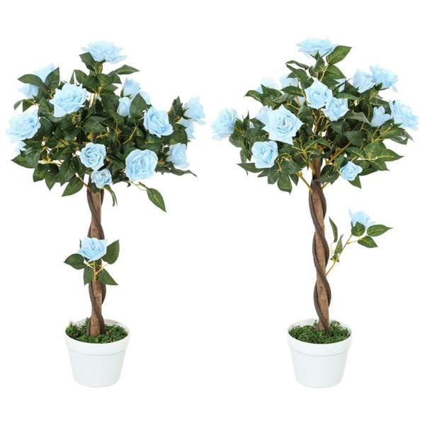 Set of 2 artificial rose floral plants with light blue blooms and green leaves in white pots